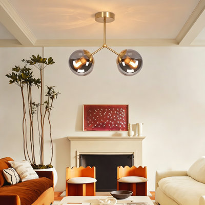 2-Light E27 Gold Glass Semi Flush Mount