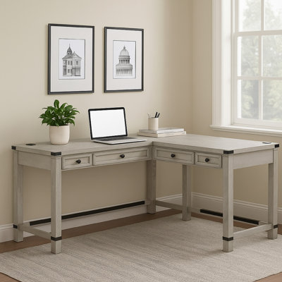 Bureau de coin en L Gery avec plateau relevable, USB, bois blanc