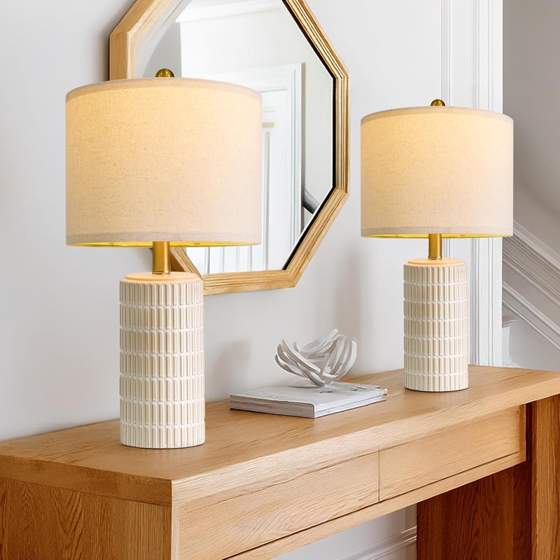 Ensemble de petites lampes de table modernes en céramique de 20,75 pouces (2 pièces), convenant aux chambres à coucher, aux tables de chevet, aux bureaux de style campagnard, aux décorations pour la maison, aux lampes de chevet cadeaux, convient également aux tables d'appoint de salon, couleur beige