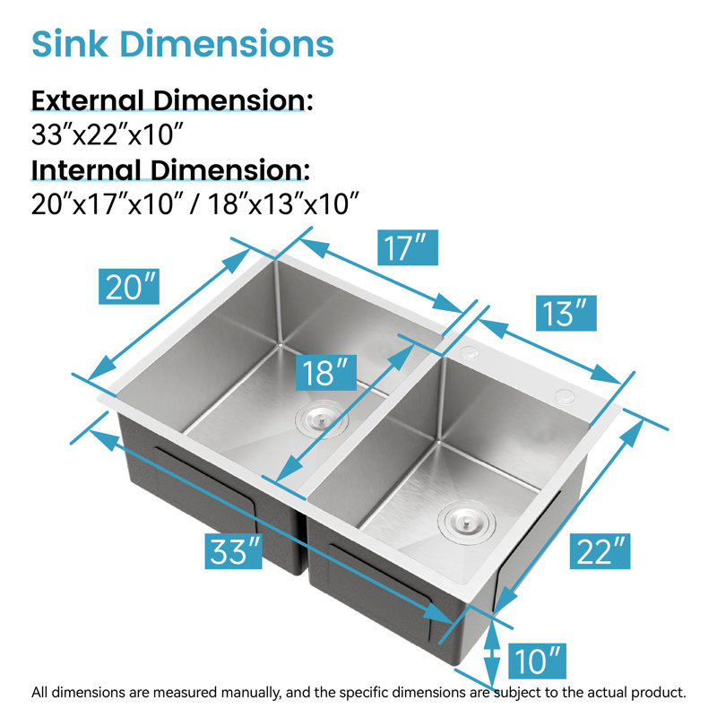 33"X19" Stainless Steel Overmount Sink - Double Bowl, With Efficient Water Management Kitchen Overmount, Rounded Corners For