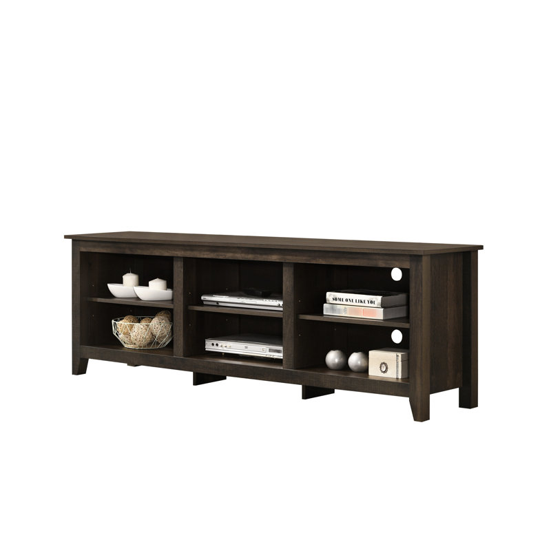 Meuble télé de 70 po de largeur, brun poussiéreux foncé, tablette ouverte, système de gestion des câbles, tablettes réglables, panneau de particules, pieds multiples pour un soutien solide, 6 découpes, hauteur des pieds 2,75 po, plateau de table de 0,59 po