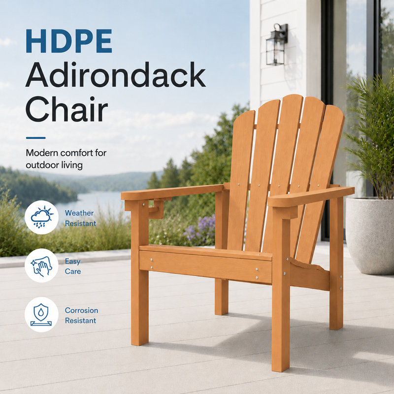 Dareona Set of 2 HDPE Stackable Adirondack Chairs with Cup Holders, All-Weather Outdoor Patio Chairs, Teak, 2