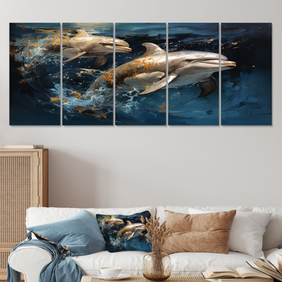 «Blue Dancing Dolphines II - Dolphin», art mural 5 pièces