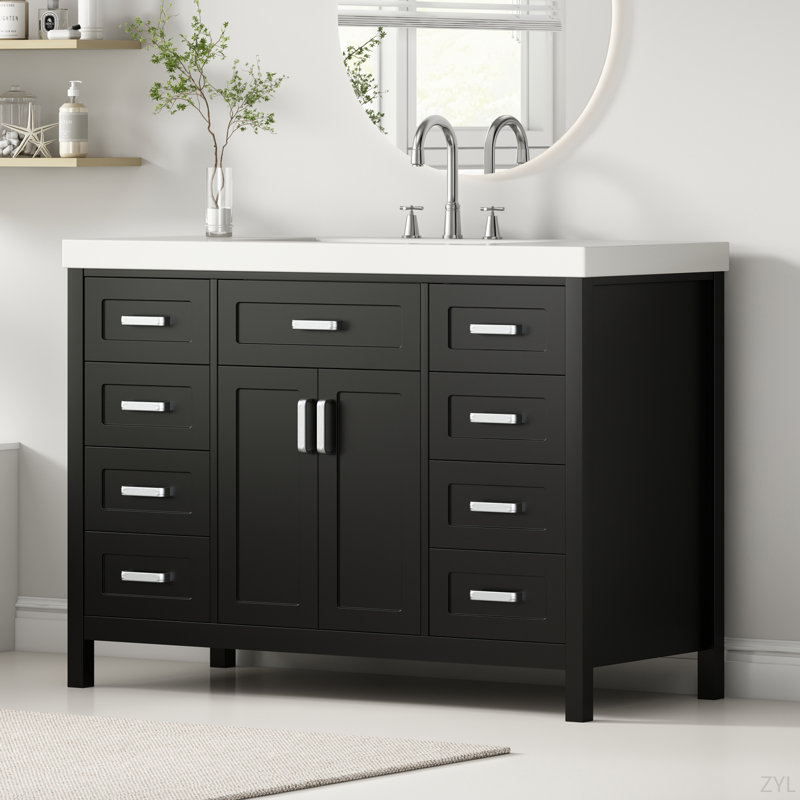 Meuble-lavabo 48 po avec lavabo, 2 portes et 8 tiroirs, système de fermeture en douceur, conception classique, Noir