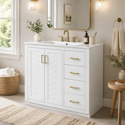 36'' Bathroom Vanity With Ceramic Sink Combo, Solid Wood Frame Bathroom Storage Cabinet, Freestanding Vanity Set With 3 Drawers& Soft Closing Doors