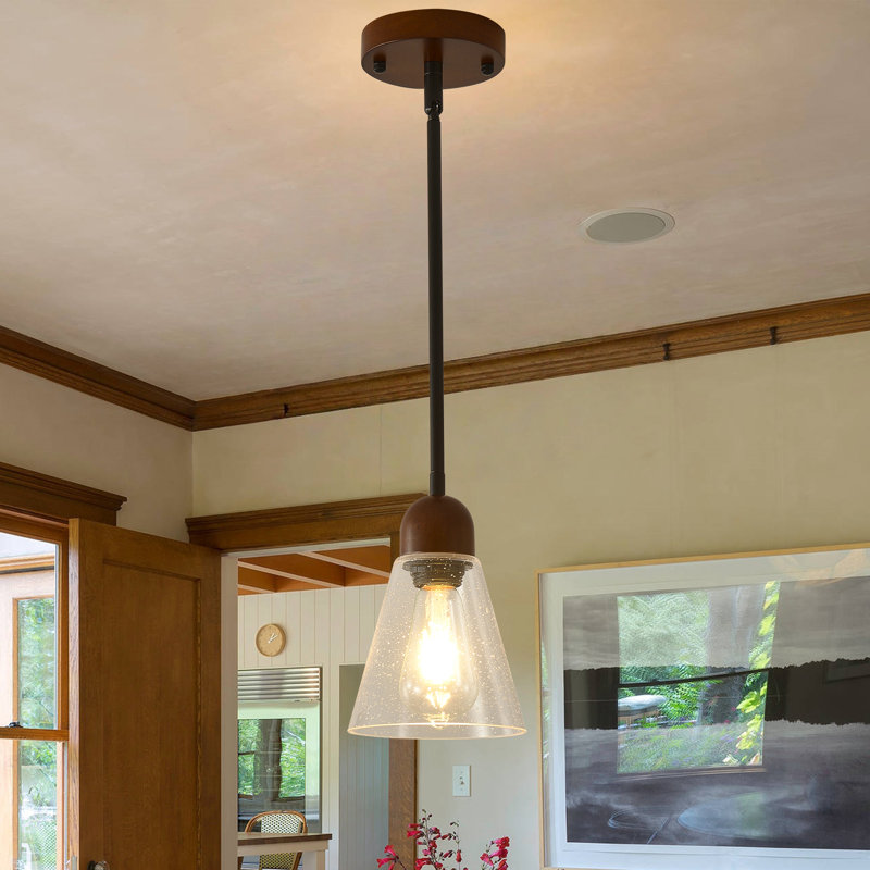 Luminaire plafonnier semi-encastré en bois rustique à 1 lumière de style campagnard avec abat-jour en verre ensemencé pour l'entrée de la cuisine de la salle à manger
