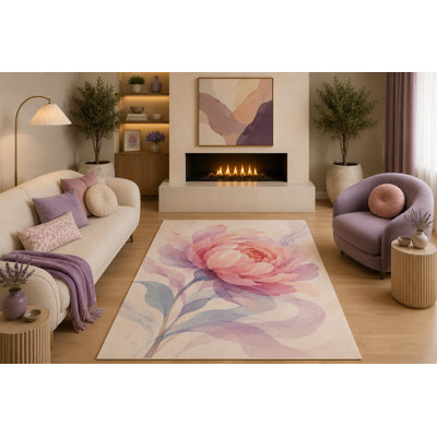 Tapis à pivoines aquarelles à motif de pivoines aquarelles 5 pi x 7 pi «Ultra Léger» romantique rose mauve à motif botanique pour chambre d'enfant