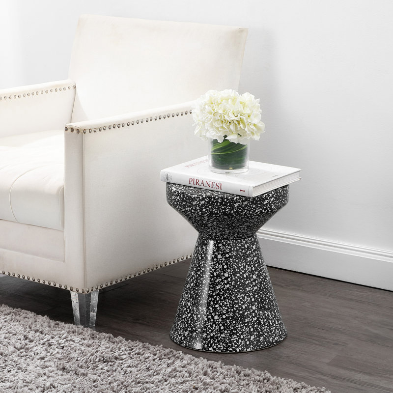 Tabouret de jardin d'extérieur en céramique noir / blanc 18 po Xenia Modern, table d'appoint en sablier et support pour plante pour patio ou salon