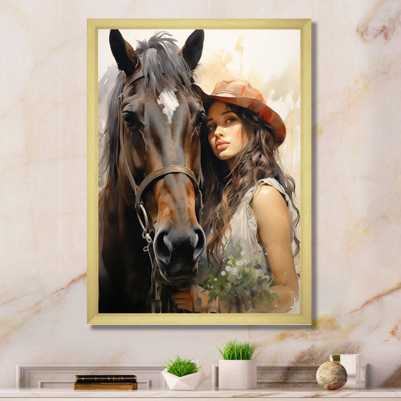 Asen Cowgirl and Horse Bond sur toile, H 20 po x l 12 po x P 1 po, Encadrement doré