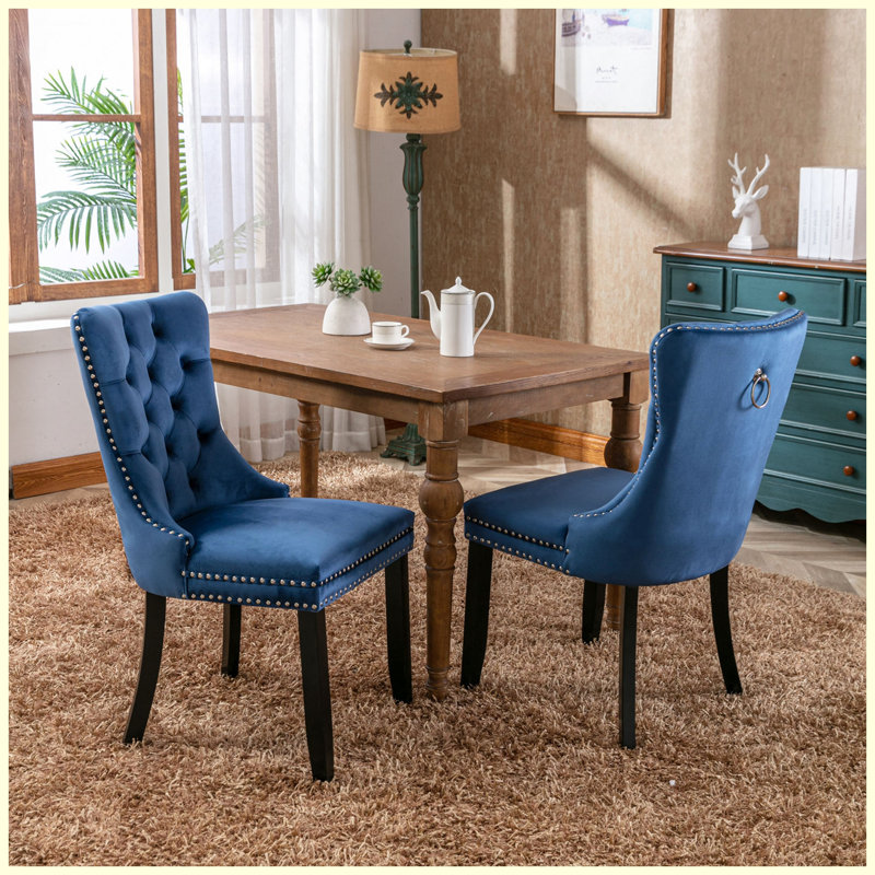 Ensemble de 2 chaises de salle à manger modernes en velours bleu, bois massif touffeté avec garniture cloutée