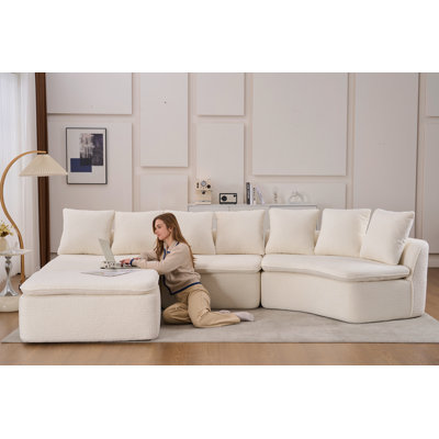 Canapé modulaire en U modulaire à compression avec module d'inclinaison amovible en chenille de grain de bois blanc désossé, idéal pour les grands salons ou les chambres à coucher