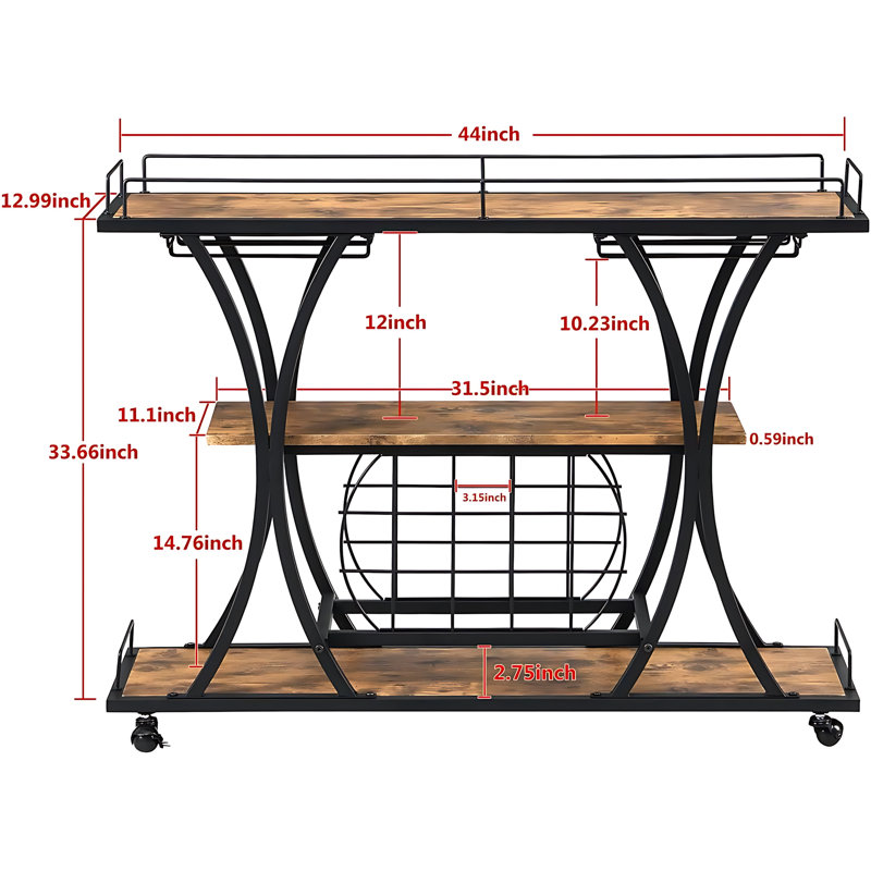 Chariot-bar roulant à 3 niveaux avec roulettes, support à vin autoportant et armoire à café avec porte-verre, chariot de rangement mobile pour la cuisine et la salle à manger