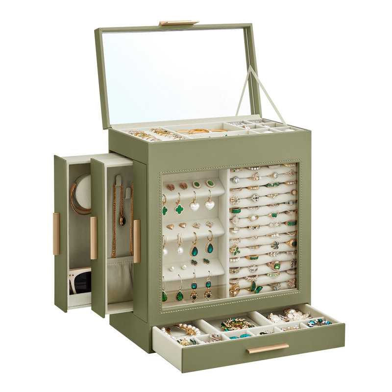 Boîte à bijoux en bois + miroir, Vert laurier