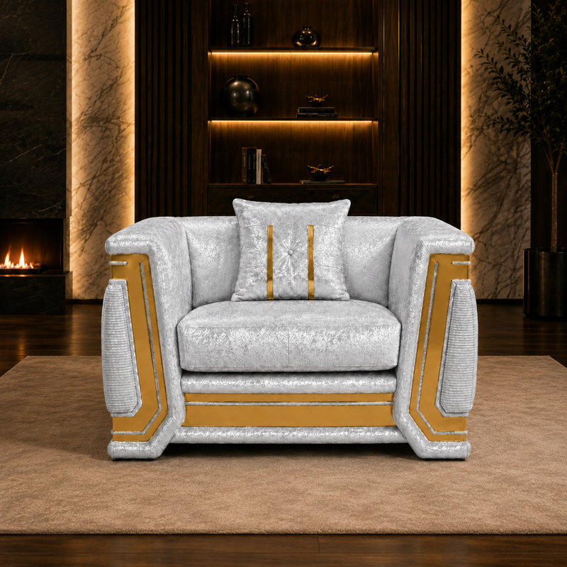 Fauteuil d'appoint Nedra argenté, capitonné, avec garniture dorée, siège rembourré moelleux et coussins décoratifs, Argent