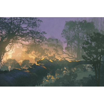 Tree Bridge in Rain Forest, Sunrise in Woods 1 Piece Wrapped Canvas Wall Art