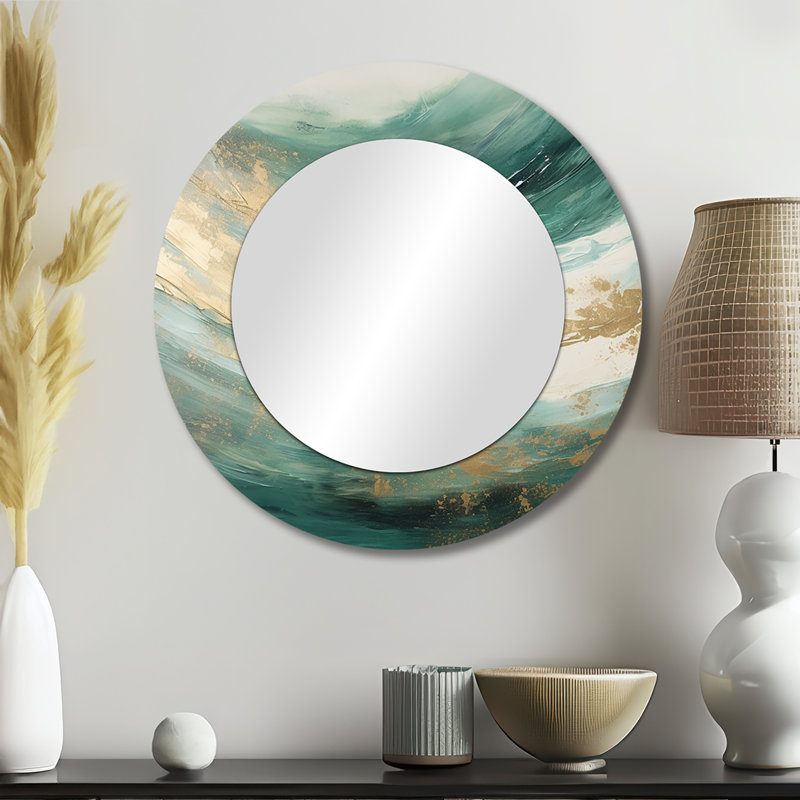 Gold And Green Soft Wave Fusion - Abstract Shapes Mirror, Beige Round Decorative Wall Mirror, Printed Metal Art, 23" x 23"
