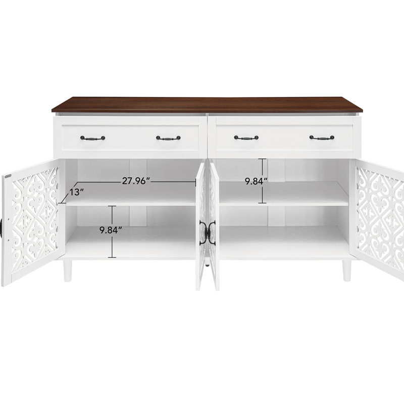 Buffet rétro avec portes géométriques sculptées à la main, finition en bois clair patiné avec design contrastant, armoire de rangement à 2 tiroirs et 4 portes, pieds réglables, base surélevée pour un nettoyage facile