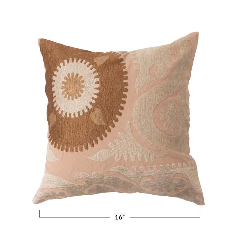 16" Beige and White Embroidered Cotton Throw Pillow