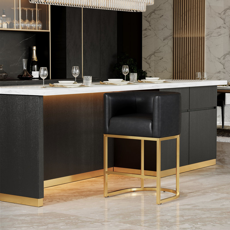 Tabouret de baril moderne en similicuir noir avec base en métal doré, 1