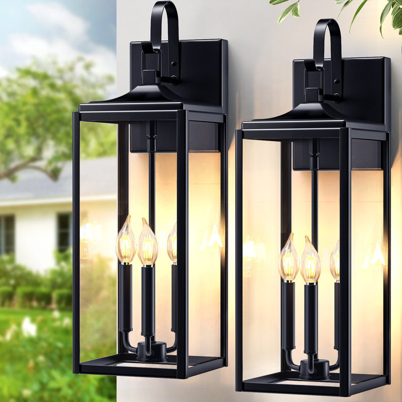 24" Extra Large Outdoor Wall Light 2 Packs, Black Exterior Lighting Fixtures Outdoor Porch Lantern Wall Mounted, Waterproof Modern Outside Wall Sconce, E12 3-light Coach Lamp For House Patio Garage