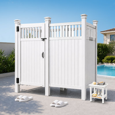 87.5" x 45.7" x 80.7" Double-Compartment PVC Outdoor Shower Enclosure with 6 Solar Cap Lights - 2-Room Waterproof Changing & Bathing Cabana, Lockable Privacy Fence Stall with Storage Shelf, Towel Hooks, Anchor Posts for Poolside, Beach, Backyard