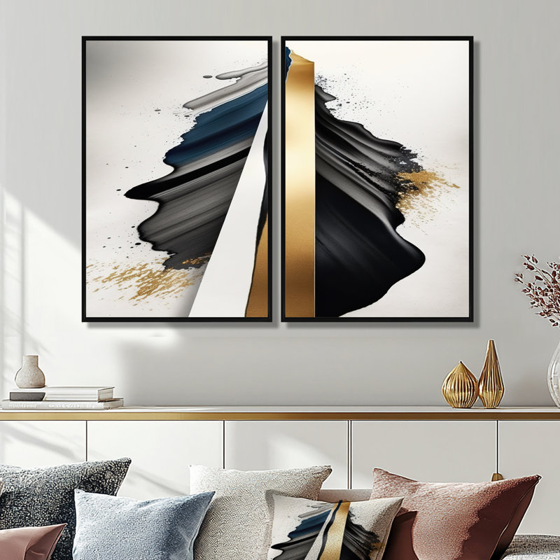 Décoration murale cubique noire et dorée Expression VII - grand cubisme abstrait 2 pièces, Black, 36" H x 48" W