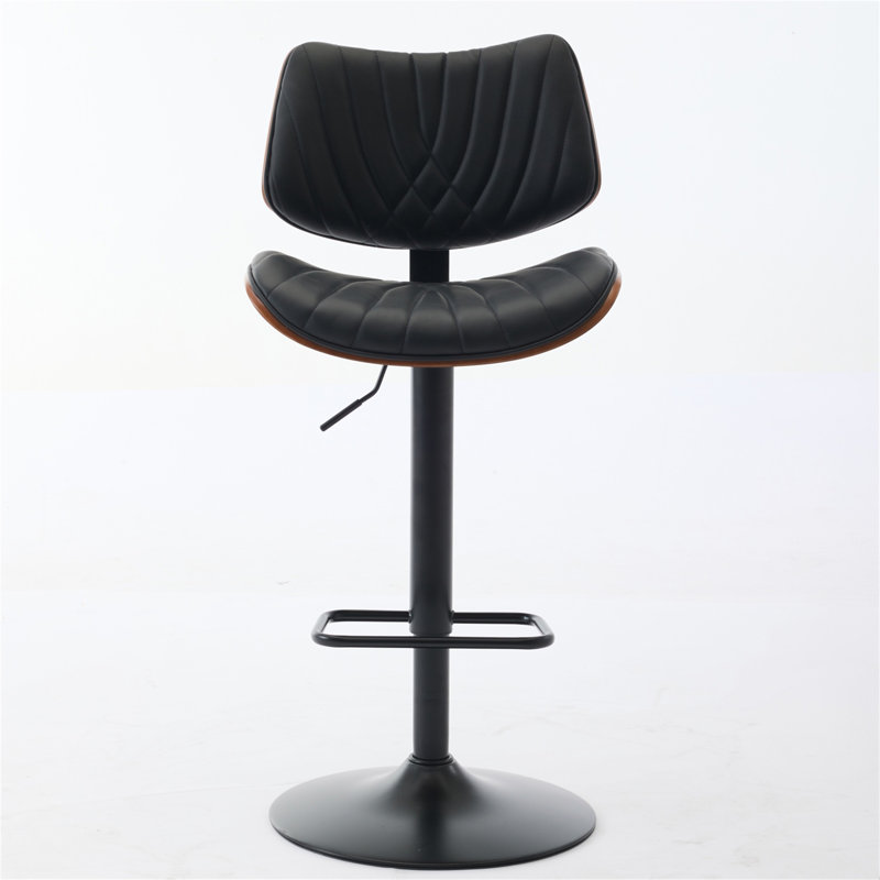 Tabourets de bar en bois cintré de style Mid-Century à hauteur de comptoir ajustable et rembourrés en cuir noir, pivotant à 360 ° pour îlot de cuisine / salle à manger / café, 1 chaise / 1 carton