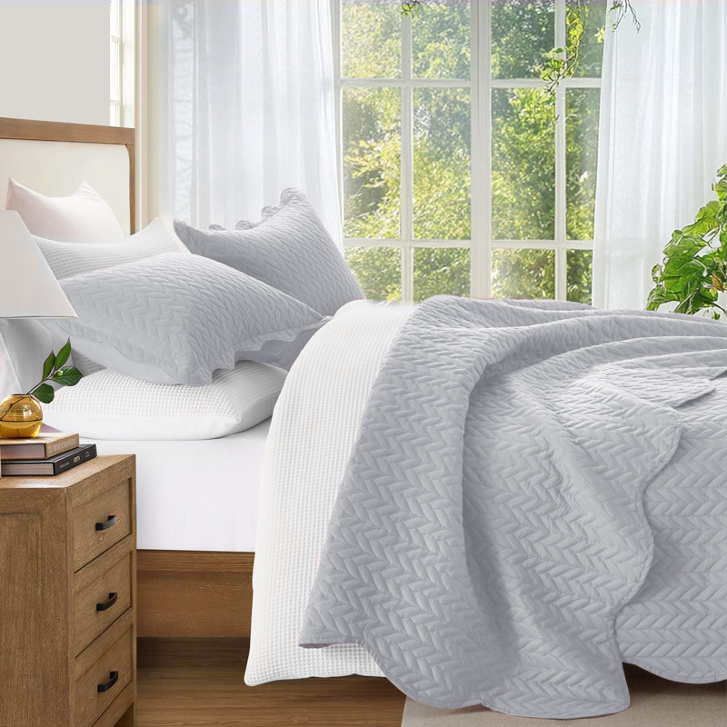Embossed Microfiber Bedspread Set – All Seasoned Modern and Lightweight Bedding Set with Shams, Silver