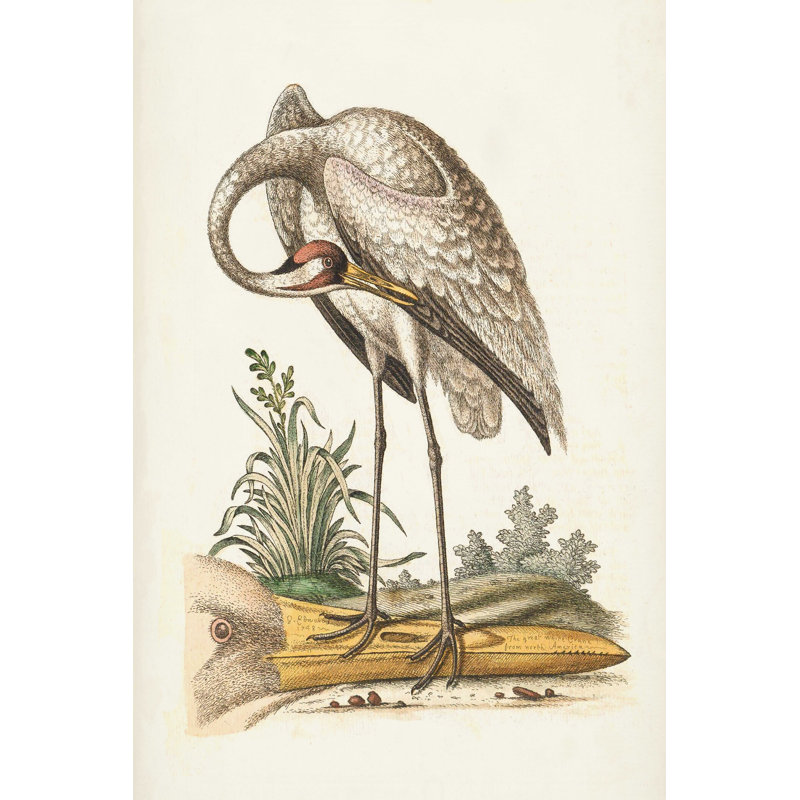 Héron antique et grues IV, H 30 po x l 20 po