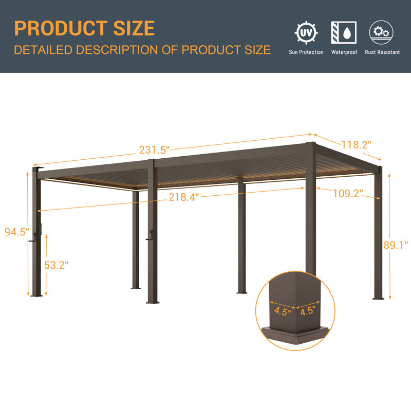 Metal Louvered Pergola with Solar LED, 10 Ft. x 20 Ft.	