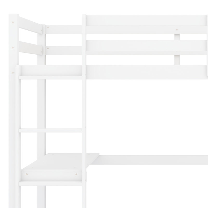 Rubber Wood Loft Bed Frame With Built-In Desk,Safety Guardrail And Ladder, White