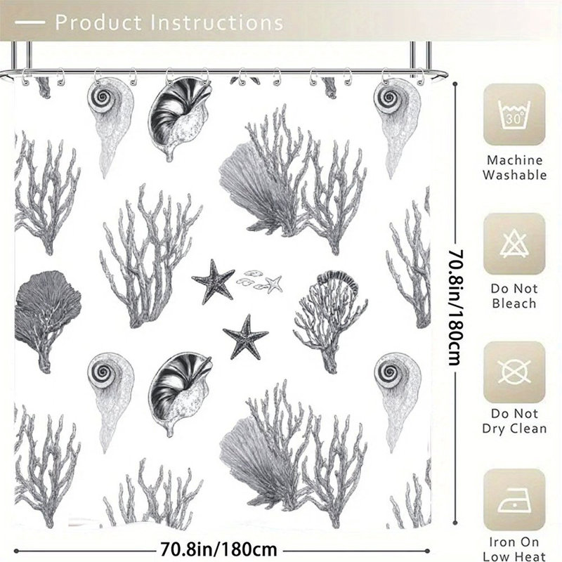 Rideaux de douche noir et blanc à motif de vie marine, 71 x 71
