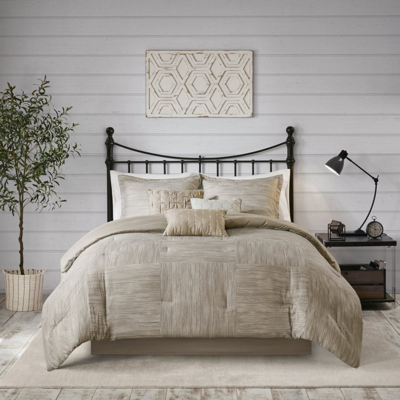 Ensemble d'édredon en tissage 7 pièces Walter, Édredon pour grand lit + 1 jupe de lit + 2 taies , Taupe