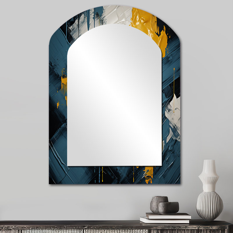 Dialogue With Hope Abstraction On Retro Blue III - Abstract Painting Arch Mirror, Blue Asymmetrical Decorative Wall Mirror, Printed Metal Art