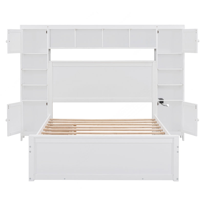 Lit double en bois avec armoire tout-en-un, tablette et prises, lit gigogne simple, Blanc