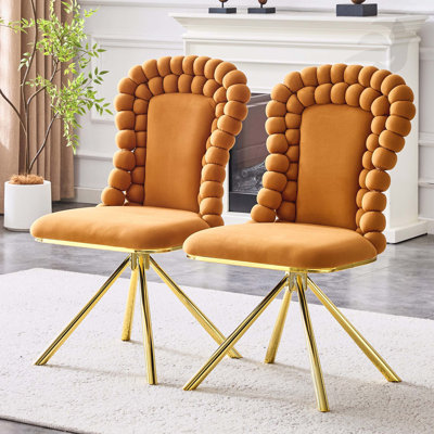 Set of 2 Orange Velvet Dining Chairs with Gold Legs, Modern Upholstered Accent Chairs for Dining Room & Kitchen
