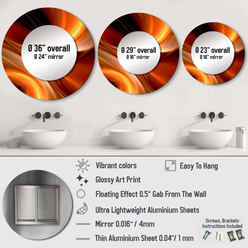 Orange Abstract Warm Fractal Design II - Fractals Round Mirror For Wall Decor, 29" x 29"