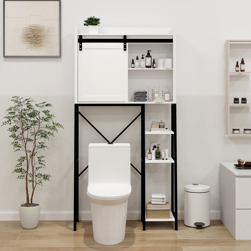 Armoire de rangement au-dessus de la toilette, tablettes de salle de bain au-dessus de la toilette avec porte de grange coulissante, tablettes réglables et support de rangement latéral