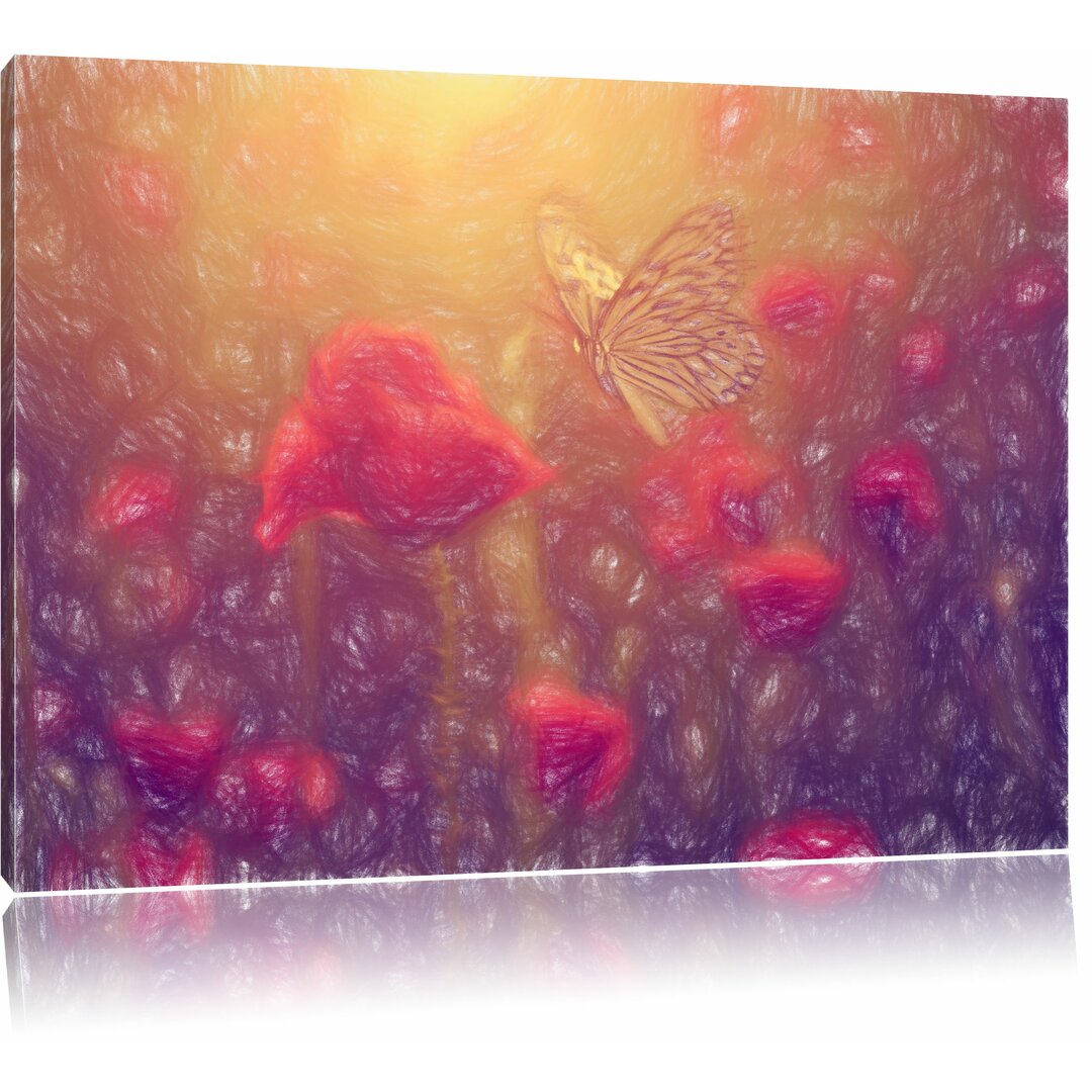 Leinwandbild „Mohn und Schmetterling“, Grafikdruck