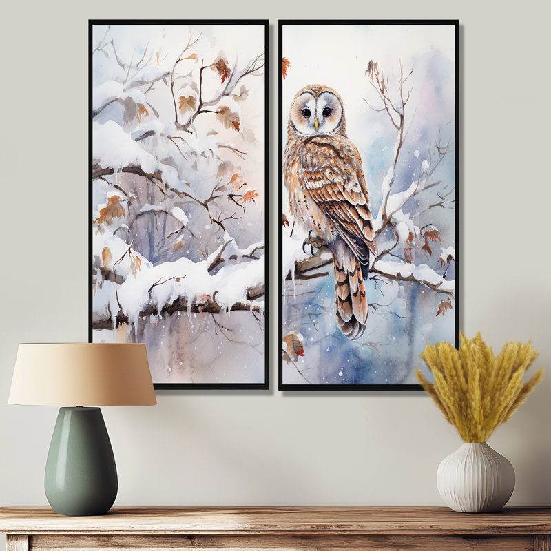 Décoration de paysage hivernal hibou enneigé - blanc, H 40 po x l 40 po, Reproduction encadrée sans passe-partout, Noir
