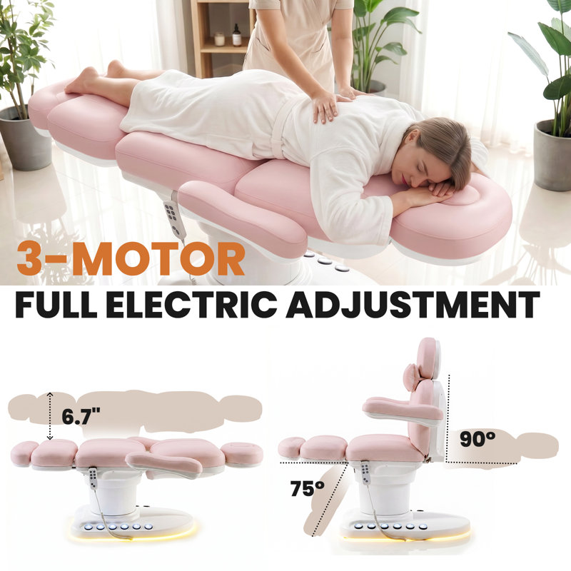 3-Motor Electric Massage Table with Stool, Adjustable Height and Backrest, Built-in Charging Station and LED Light, for Spa, Facial and Salon Use