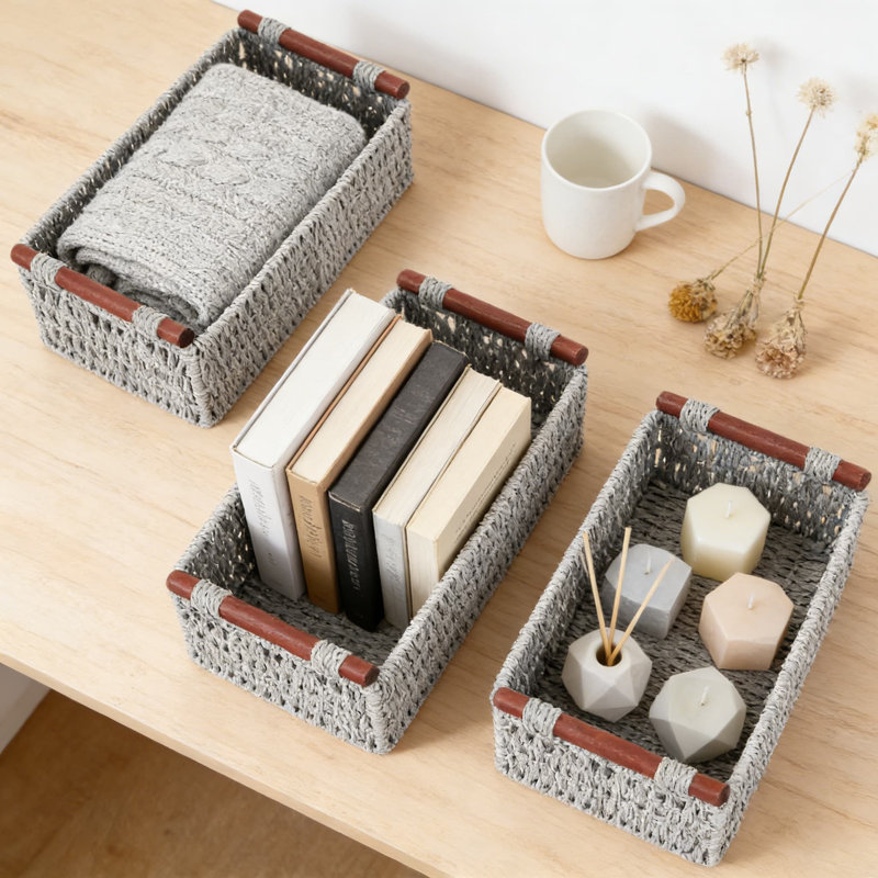 Handmade Woven Paper Rope Storage Baskets Set Of 3, Decorative Wicker Organizer With Wooden Handles For Bathroom, Living Room, And Bedroom