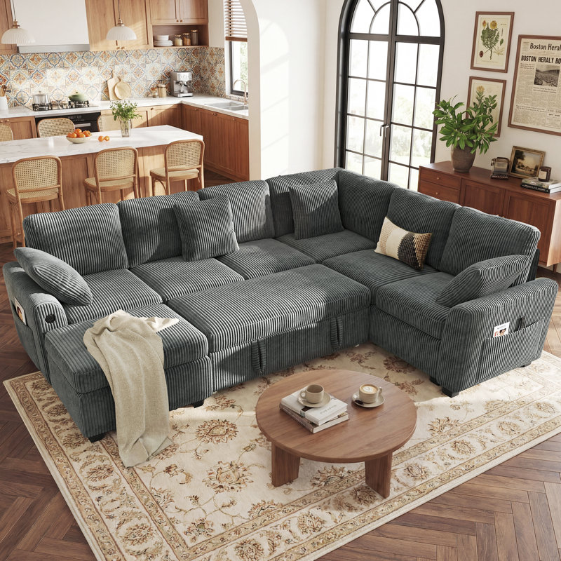 Canapé-lit modulaire en L rembourré en L 106 po avec lit escamotable et repose-pieds avec rangement Palma, GREY