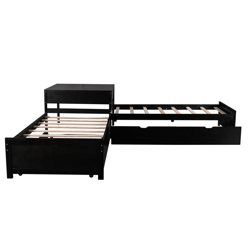 Lit plateforme en L avec lit gigogne et tiroirs, Espresso