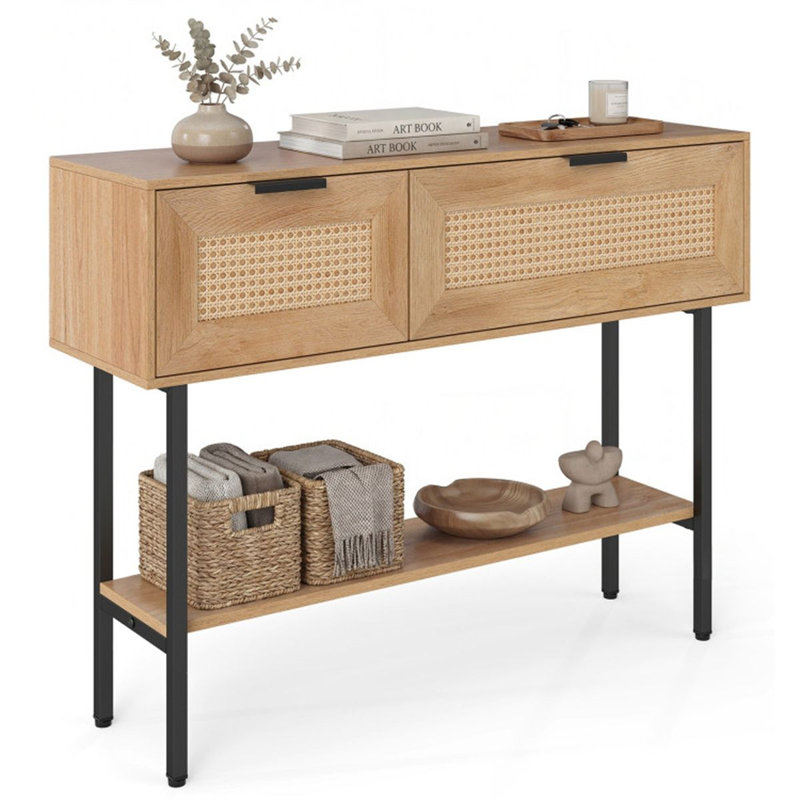 Console en rotin naturel avec armoires de rangement à tablette ouverte en acier au carbone de 40 pouces, Naturel