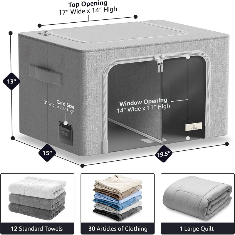 Large Storage Box Two-Compartment Foldable with Window & Handles - Single Piece, Grey