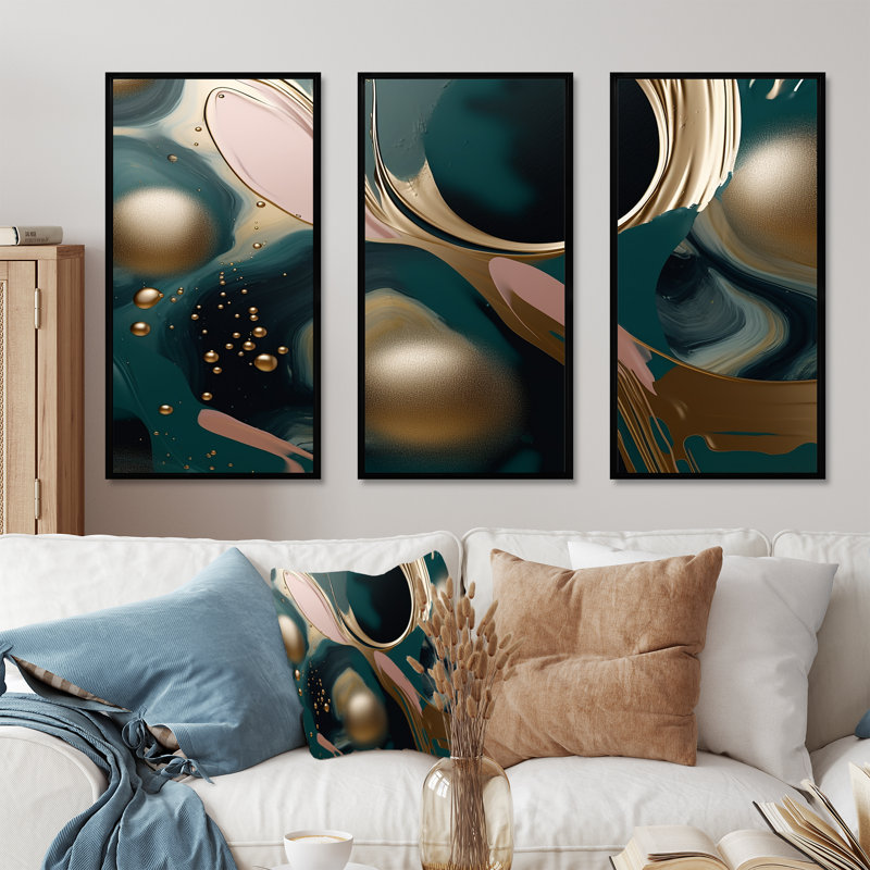 Or et vert abstrait encre liquide harmonie - encre liquide abstraite, art mural, H 28 po x l 36 po x P 1 po