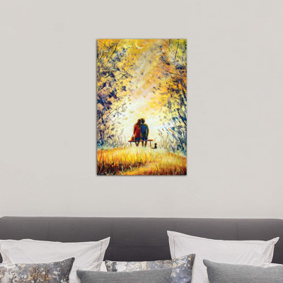 A Loving Couple And Cat by Valery Rybakow - Wrapped Canvas Painting
