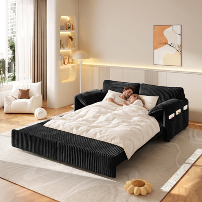Queen Size 3-in-1 Convertible Pull Out Sleeper Sofa Bed with Side Storage Pockets for Living Room Bedroom Apartment