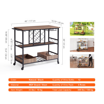 Bar Cart, 3 Tiers 300 LBS Industrial Rolling Beverage Station on Lockable Wheels, Home Serving Cart, Mobile Alcohol Drink Cart with Removable Tray Wine Rack Glass Holder for Kitchen Dining Room